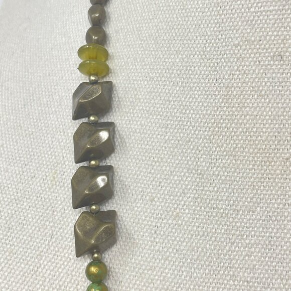 Treska Beaded Long Necklace Green Stone Porcelain Glass Boho Chunky Signed - Picture 13 of 13